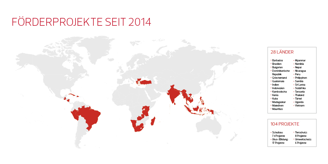 Weltkarte, in der Länder markiert sind, in denen die DERTOUR Foundation Projekte betreut hat.